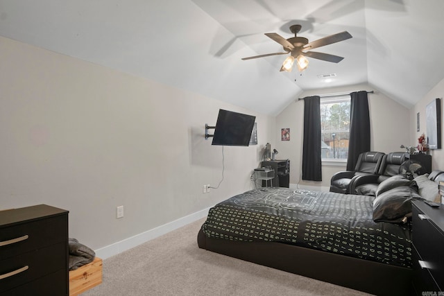 carpeted bedroom featuring ceiling fan and lofted ceiling