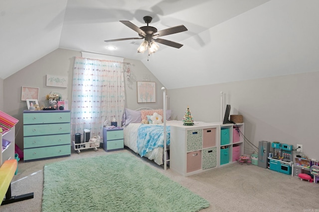 carpeted bedroom with lofted ceiling and ceiling fan