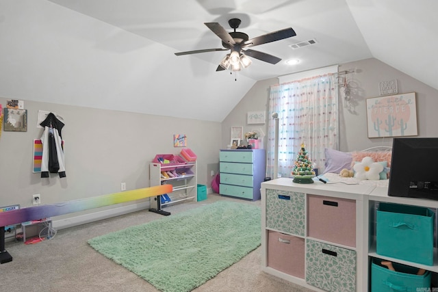 game room with lofted ceiling, carpet, and ceiling fan