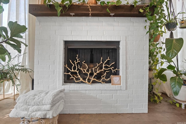 room details with a fireplace and wood-type flooring