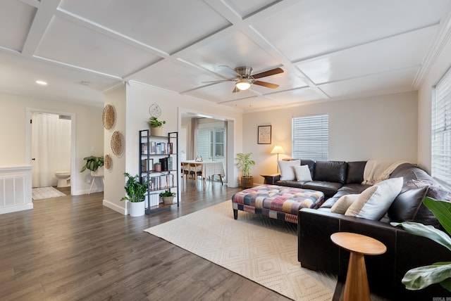 living room featuring coffered ceiling, dark hardwood / wood-style flooring, and ceiling fan