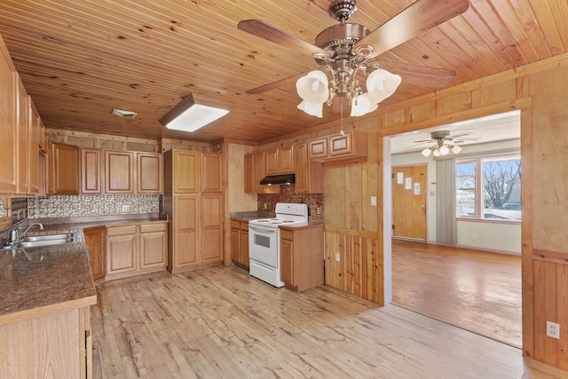 kitchen featuring tasteful backsplash, white range with electric cooktop, sink, and light wood-type flooring