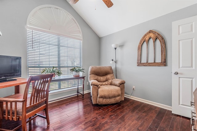 office area with dark wood-type flooring, ceiling fan, and lofted ceiling