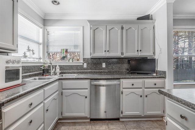 kitchen with crown molding, dishwasher, sink, and backsplash