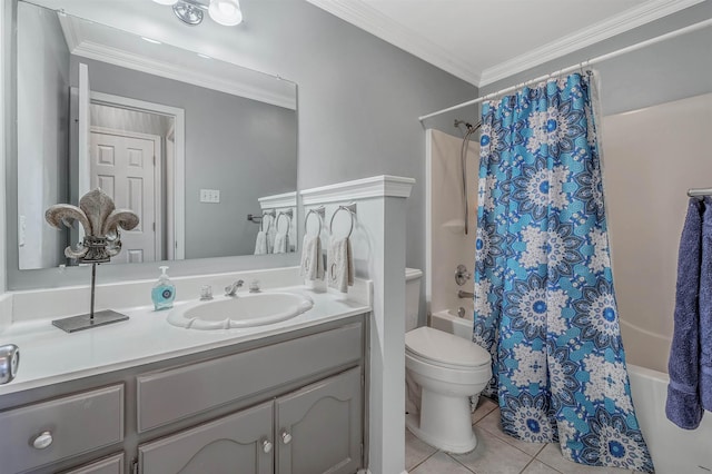 full bathroom featuring shower / tub combo with curtain, vanity, ornamental molding, tile patterned floors, and toilet