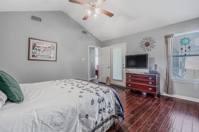 bedroom featuring ceiling fan, lofted ceiling, and dark hardwood / wood-style flooring