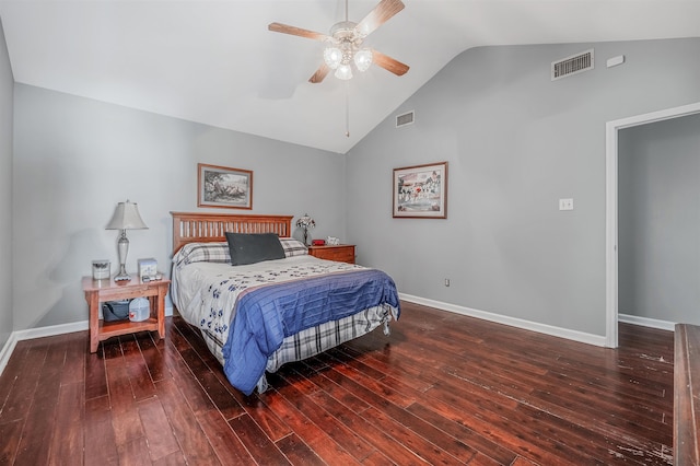 bedroom featuring vaulted ceiling, ceiling fan, and dark hardwood / wood-style flooring