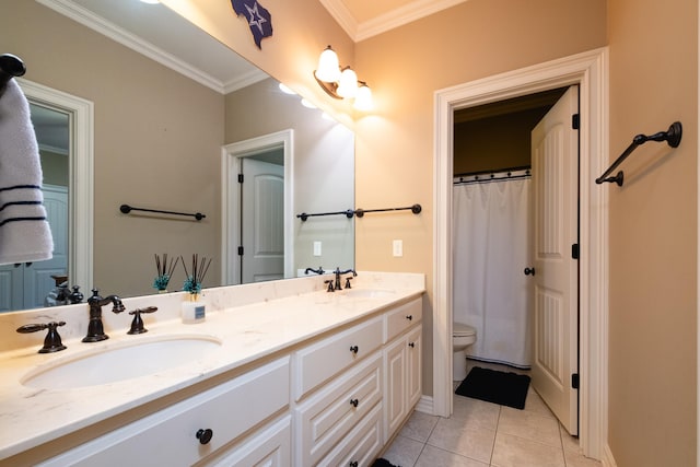 bathroom with tile patterned floors, toilet, crown molding, a shower with curtain, and vanity