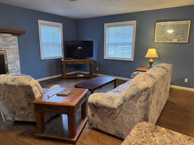 living room with hardwood / wood-style floors, plenty of natural light, and a fireplace