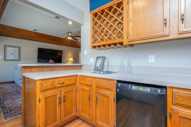 kitchen featuring sink, dishwasher, kitchen peninsula, ceiling fan, and light hardwood / wood-style floors