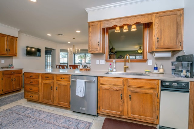 kitchen with decorative light fixtures, dishwasher, sink, ornamental molding, and kitchen peninsula