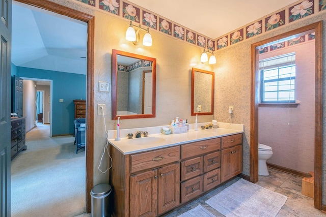 bathroom featuring vanity, toilet, and vaulted ceiling