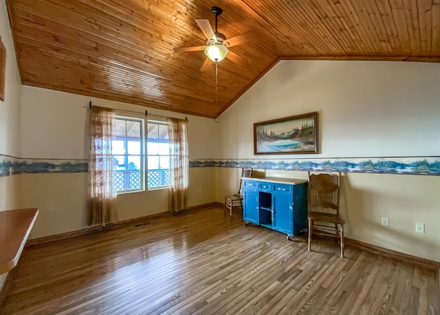 unfurnished office featuring wood ceiling, ceiling fan, wood-type flooring, and vaulted ceiling