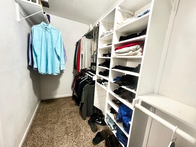 walk in closet featuring carpet flooring