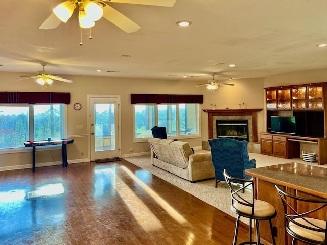 living room featuring a fireplace, plenty of natural light, and ceiling fan