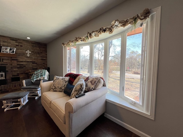 living room with plenty of natural light and dark hardwood / wood-style flooring