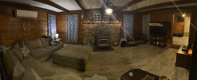 111 Mark, Corning, AR 72422 - living room with beam ceiling, wooden walls, an AC wall unit, and a wood stove