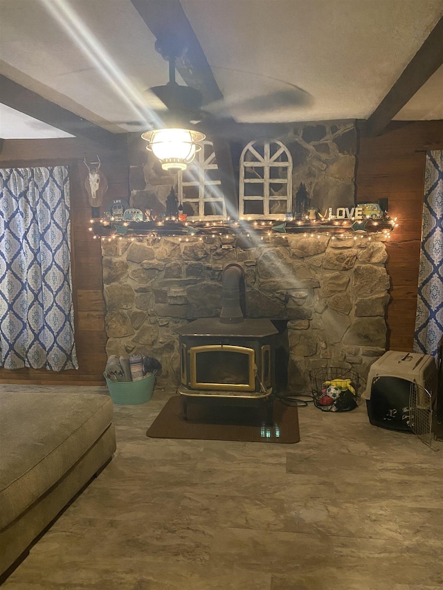 111 Mark, Corning, AR 72422 - room details featuring beamed ceiling and a wood stove