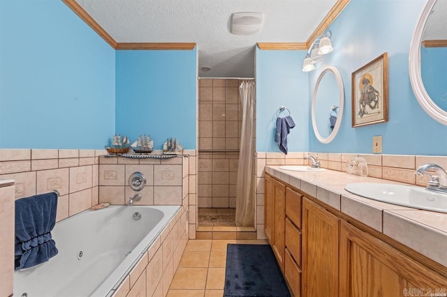 bathroom featuring ornamental molding, plus walk in shower, tile patterned flooring, and a textured ceiling