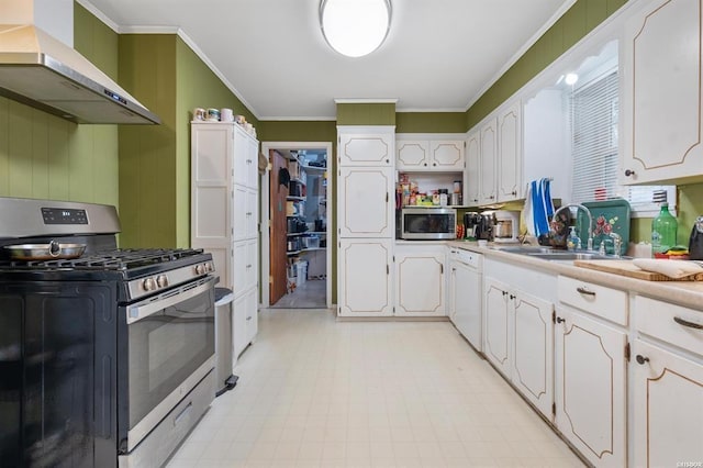 kitchen with appliances with stainless steel finishes, sink, white cabinets, exhaust hood, and crown molding