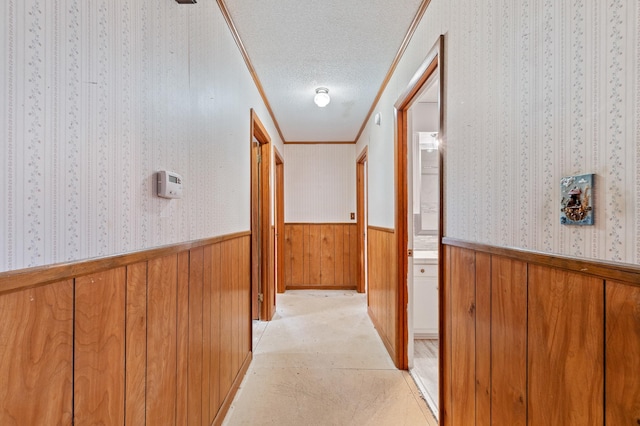 corridor with ornamental molding, wooden walls, and a textured ceiling