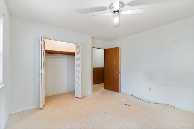 unfurnished bedroom featuring a closet and ceiling fan