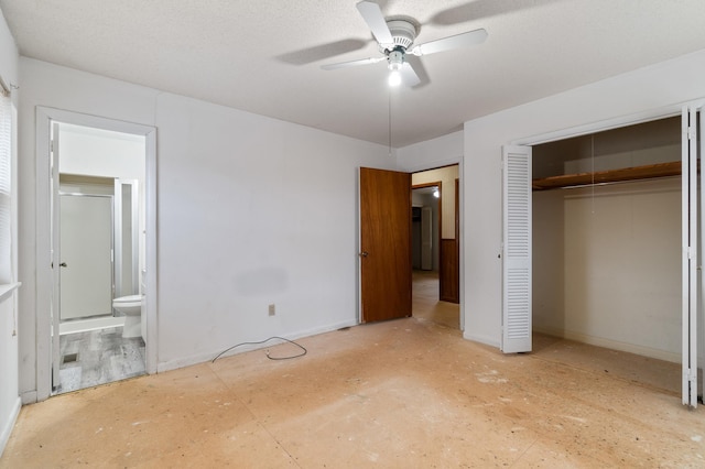 unfurnished bedroom with connected bathroom, a closet, and ceiling fan