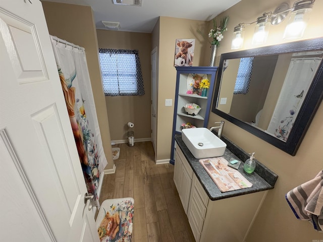 bathroom featuring vanity and hardwood / wood-style flooring