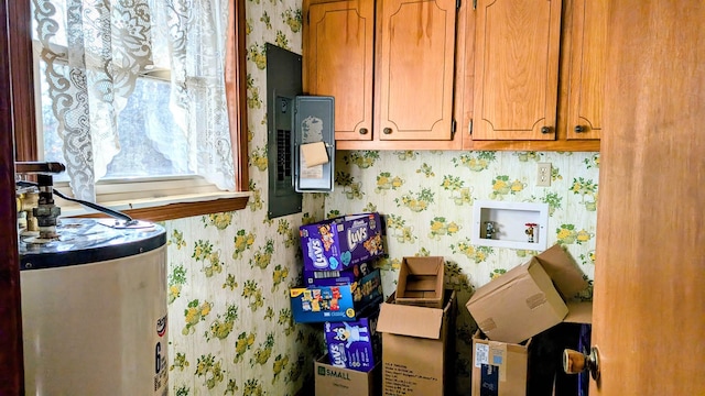 kitchen featuring electric panel and water heater