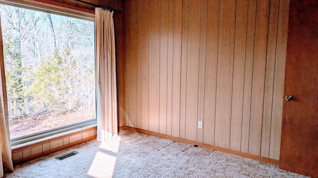 spare room featuring wood walls and light carpet