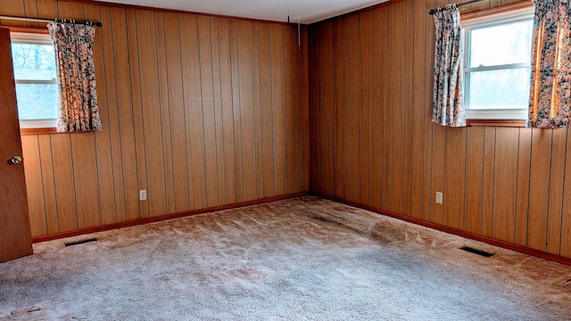 carpeted empty room with wooden walls