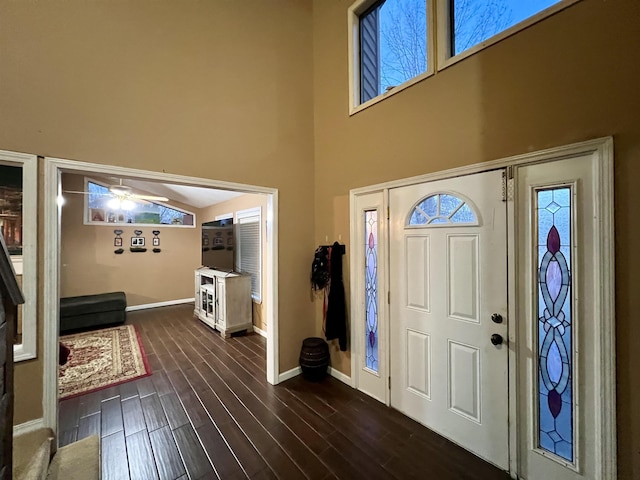 entryway with a towering ceiling and dark wood-type flooring