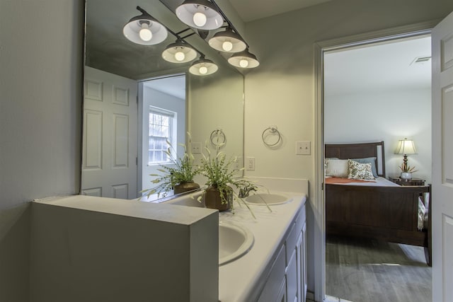 bathroom with vanity and hardwood / wood-style floors