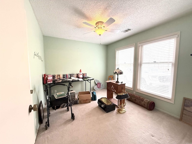 interior space featuring carpet, a textured ceiling, and ceiling fan