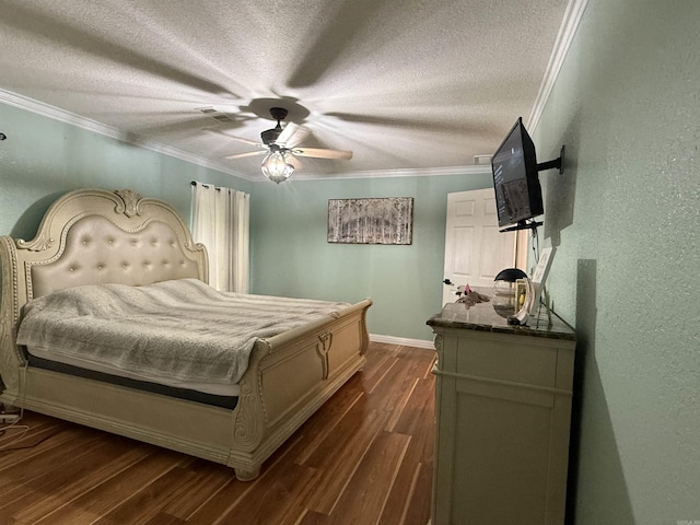 bedroom featuring dark hardwood / wood-style flooring, ceiling fan, crown molding, and a textured ceiling