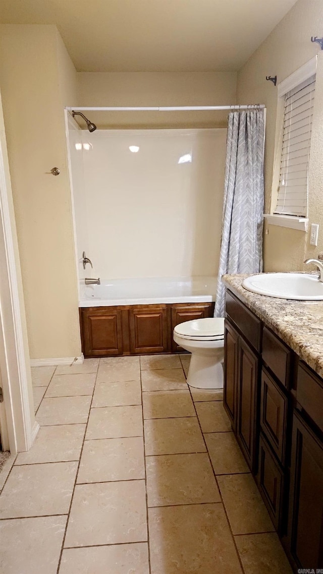 full bathroom with toilet, vanity, shower / bathtub combination with curtain, and tile patterned flooring