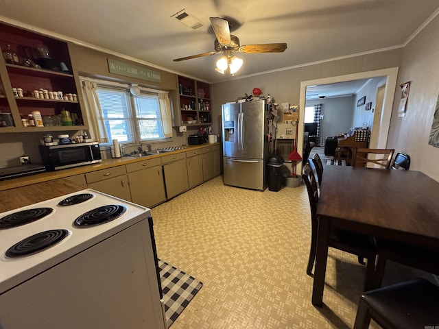 kitchen featuring stainless steel appliances, ornamental molding, sink, and ceiling fan