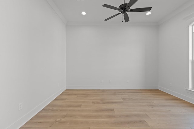 unfurnished room featuring light wood finished floors, baseboards, a ceiling fan, ornamental molding, and recessed lighting