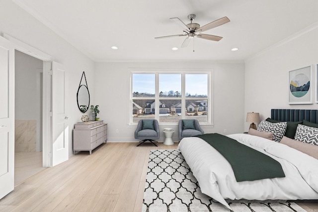 bedroom featuring light wood-style flooring, ceiling fan, crown molding, and recessed lighting