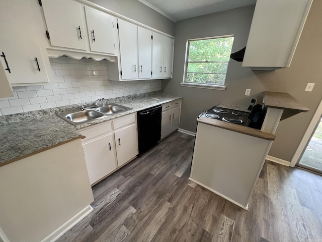 kitchen with sink, dark wood-type flooring, dishwasher, white cabinetry, and backsplash