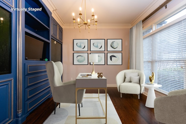 5 Deauville Cir, Little Rock, AR 72223 - home office featuring a notable chandelier, crown molding, and dark wood-type flooring