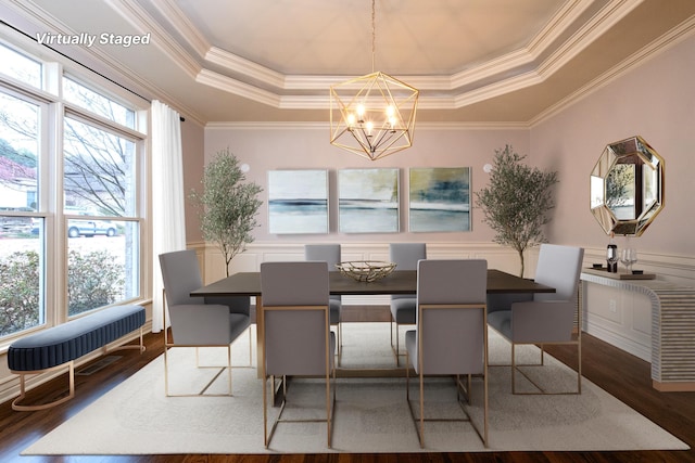 5 Deauville Cir, Little Rock, AR 72223 - dining room with crown molding, a tray ceiling, wood-type flooring, and a chandelier