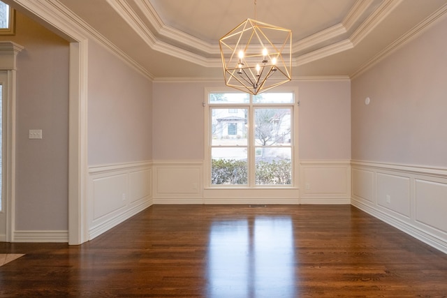 5 Deauville Cir, Little Rock, AR 72223 - unfurnished dining area with a raised ceiling, ornamental molding, dark hardwood / wood-style floors, and a notable chandelier