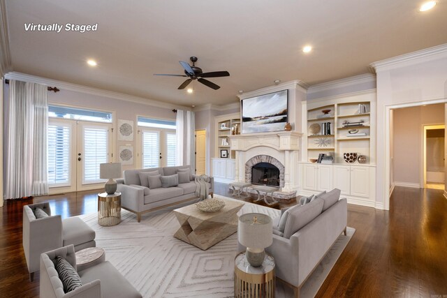 5 Deauville Cir, Little Rock, AR 72223 - living room featuring french doors, ceiling fan, dark hardwood / wood-style floors, and crown molding