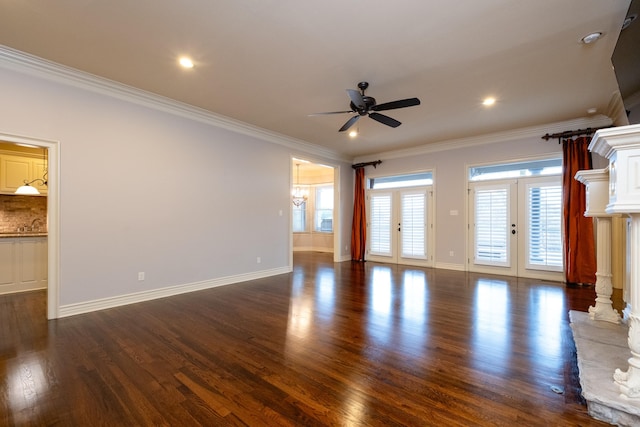 5 Deauville Cir, Little Rock, AR 72223 - unfurnished living room with french doors, dark hardwood / wood-style floors, and crown molding