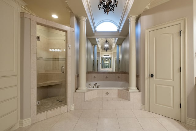 5 Deauville Cir, Little Rock, AR 72223 - bathroom featuring tile patterned flooring, ornamental molding, decorative columns, and independent shower and bath