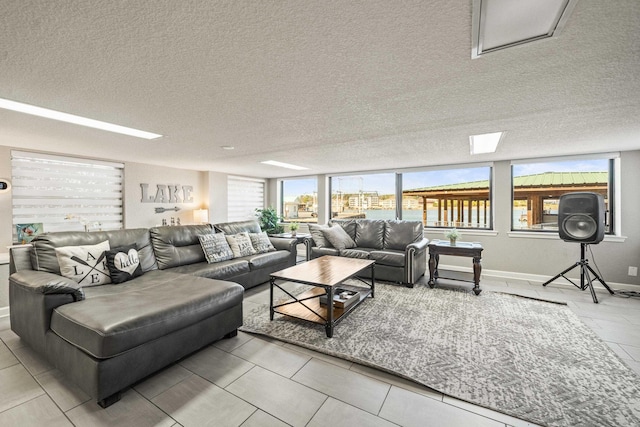 living room with a textured ceiling