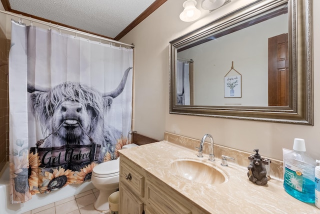 bathroom with vanity, ornamental molding, toilet, tile patterned floors, and a textured ceiling