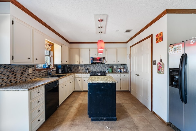 kitchen with sink, dark stone countertops, a center island, stainless steel appliances, and crown molding