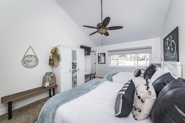 bedroom with high vaulted ceiling, ceiling fan, and carpet